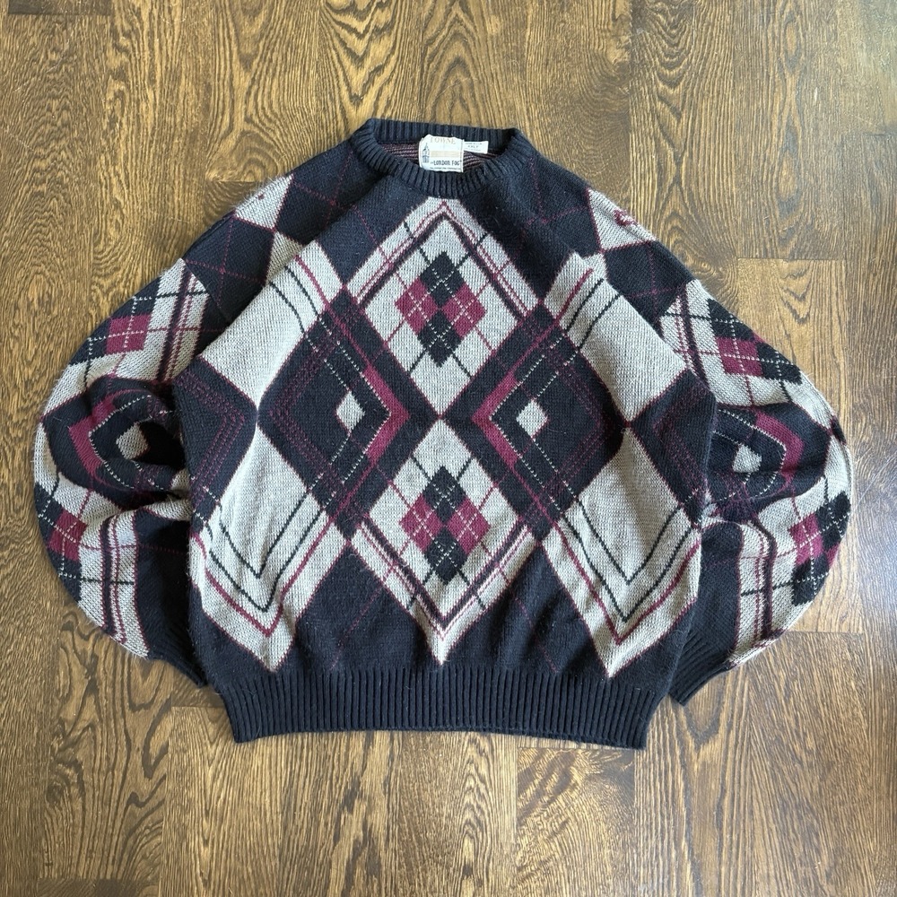 Vintage 80s 90s London Fog Argyle Sweater XXLT Made in USA Indie Grunge Acrylic